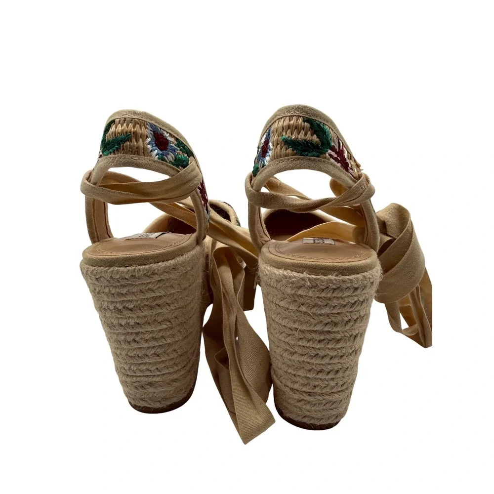 Steve Madden Vero Espadrille Wedges Womens 8.5M Tan New Floral Embroidery